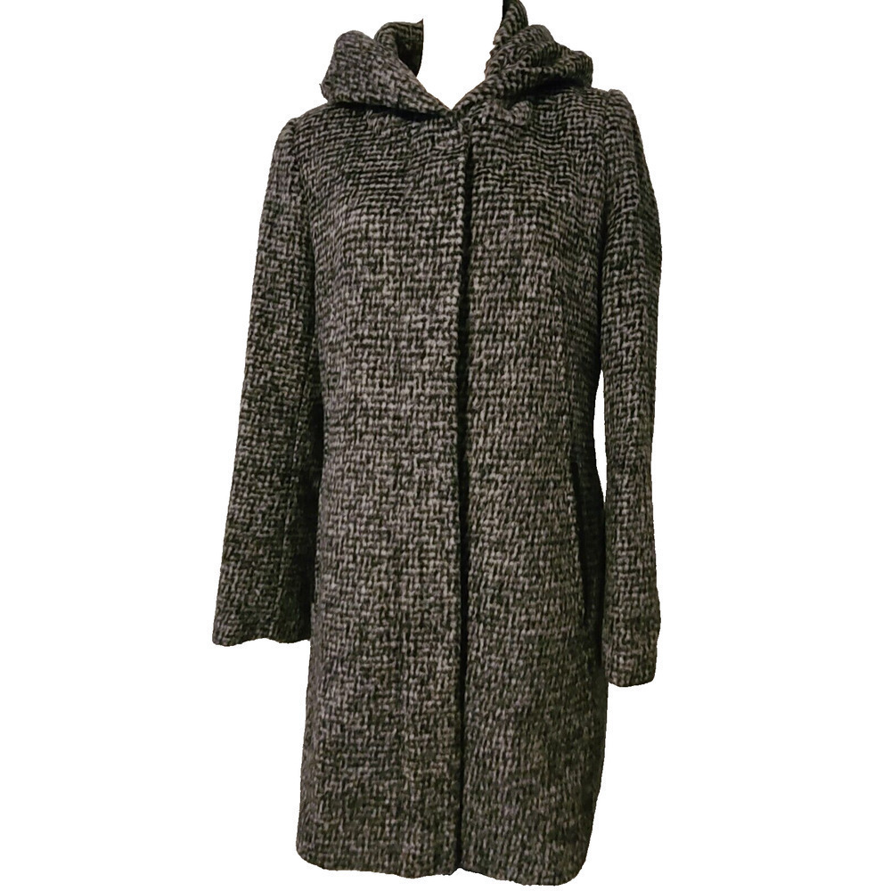 WOMENS COLE HAAN SIGNATURE WOOL BLEND COAT BLACK GREY WITH HOOD SZ 8 NEW